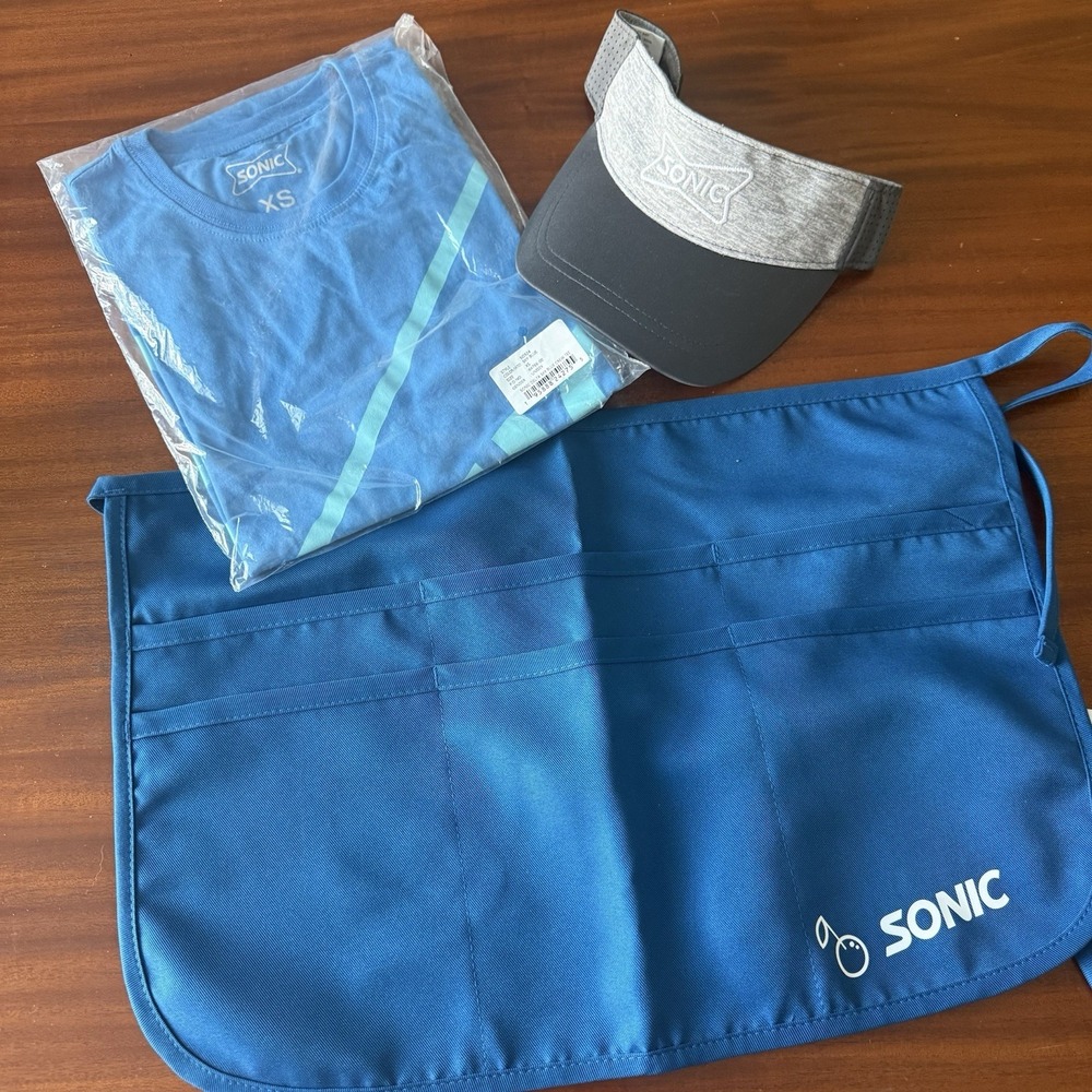 SONIC Employee Uniform Lot XS Shirt Apron Visor Crew Restaurant NEW Authentic